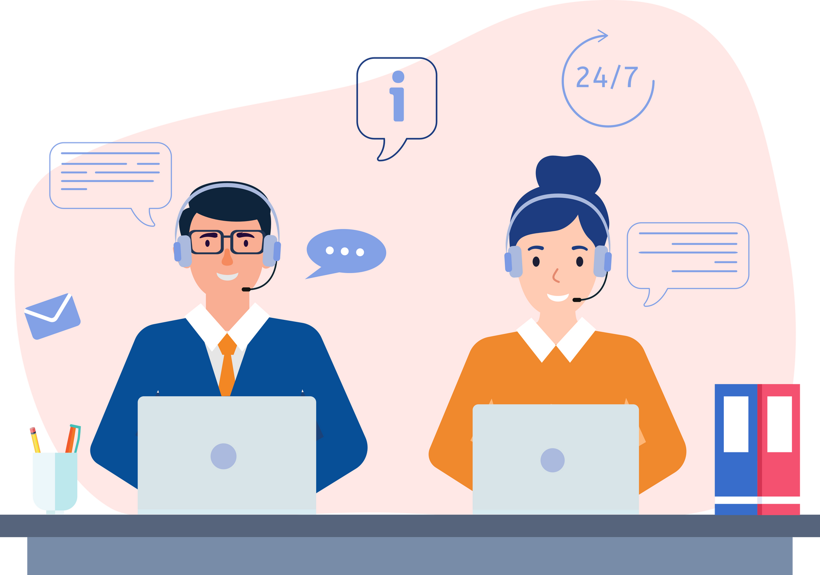 customer service agents with headphones microphone and computer customer service support or call center concept